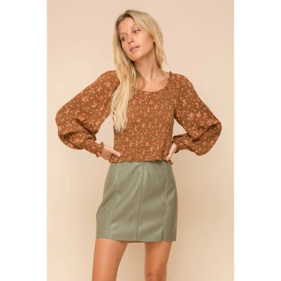 Hem and Thread Floral Smocked Top Women Size M Long Sleeve Brown Bohemian Hippie - Picture 7 of 7